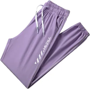 Men's Iced Active Pants Letter Printed Breathable Ultra Stretch Ice Silk Pants Cinch Bottom Quick Dry Travel Trousers