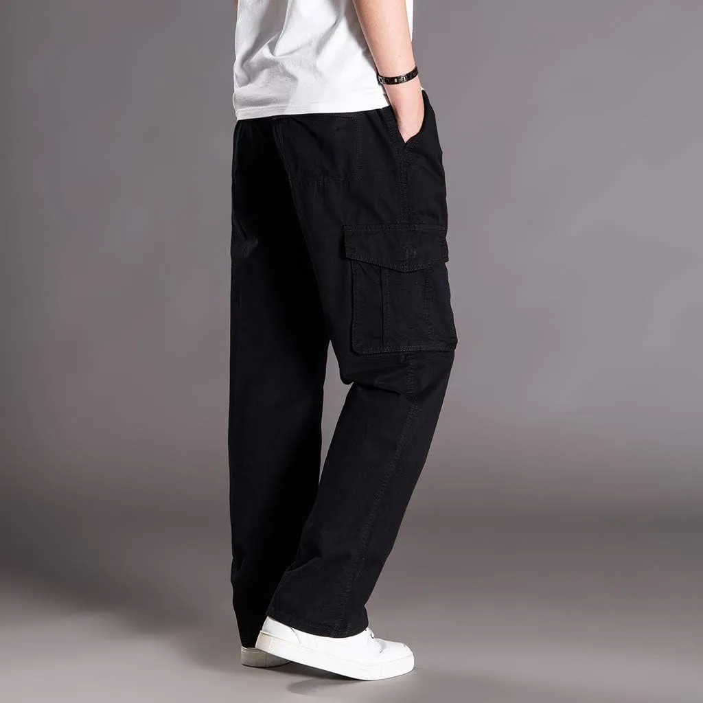 Mens Jogger Sweatpants Solid Elastic Waist Cargo Work Pants Wide Leg Breathable Outdoor Trousers with Pockets