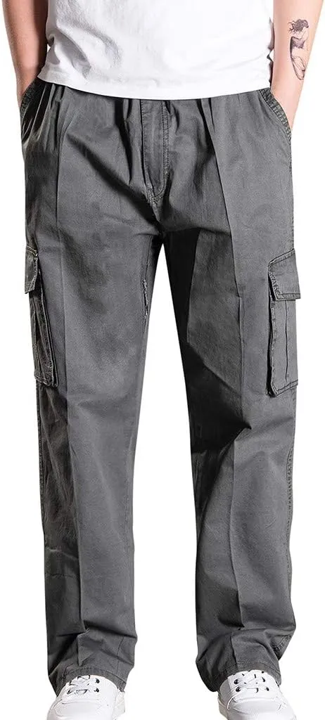 Mens Jogger Sweatpants Solid Elastic Waist Cargo Work Pants Wide Leg Breathable Outdoor Trousers with Pockets