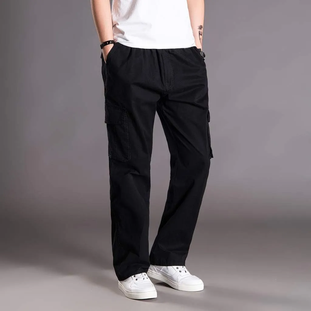Mens Jogger Sweatpants Solid Elastic Waist Cargo Work Pants Wide Leg Breathable Outdoor Trousers with Pockets