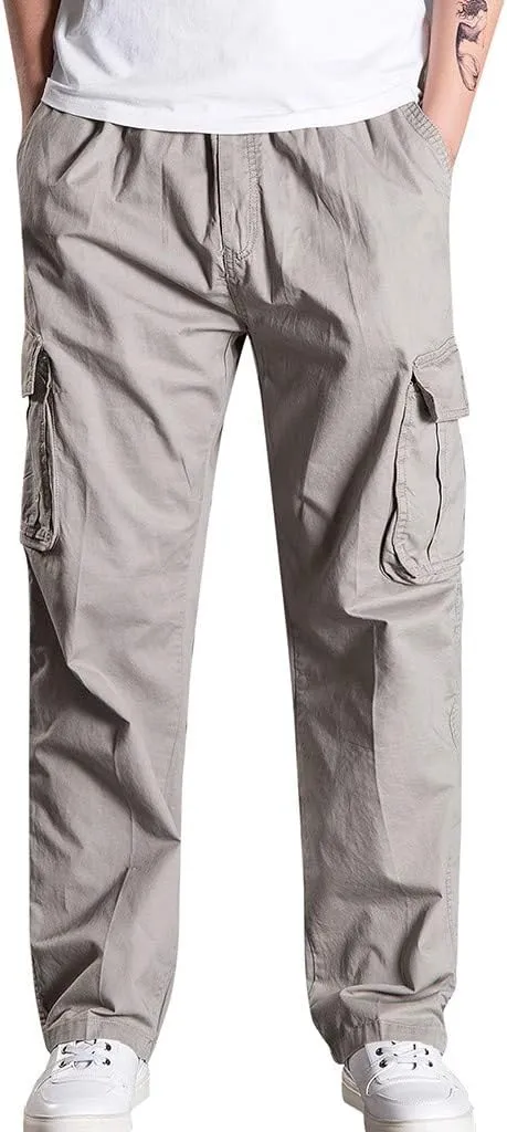 Mens Jogger Sweatpants Solid Elastic Waist Cargo Work Pants Wide Leg Breathable Outdoor Trousers with Pockets