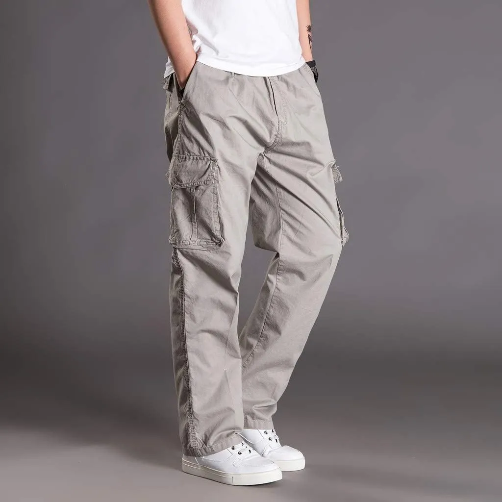 Mens Jogger Sweatpants Solid Elastic Waist Cargo Work Pants Wide Leg Breathable Outdoor Trousers with Pockets