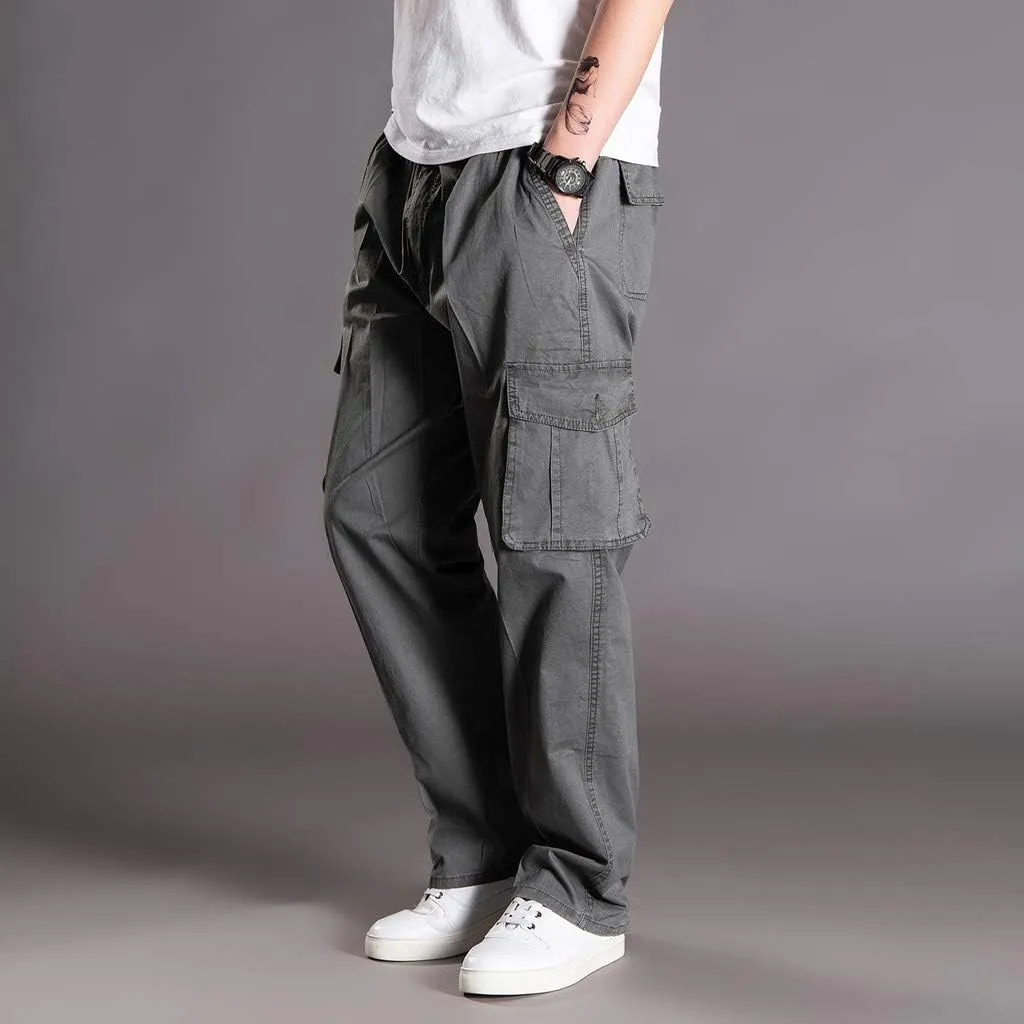 Mens Jogger Sweatpants Solid Elastic Waist Cargo Work Pants Wide Leg Breathable Outdoor Trousers with Pockets