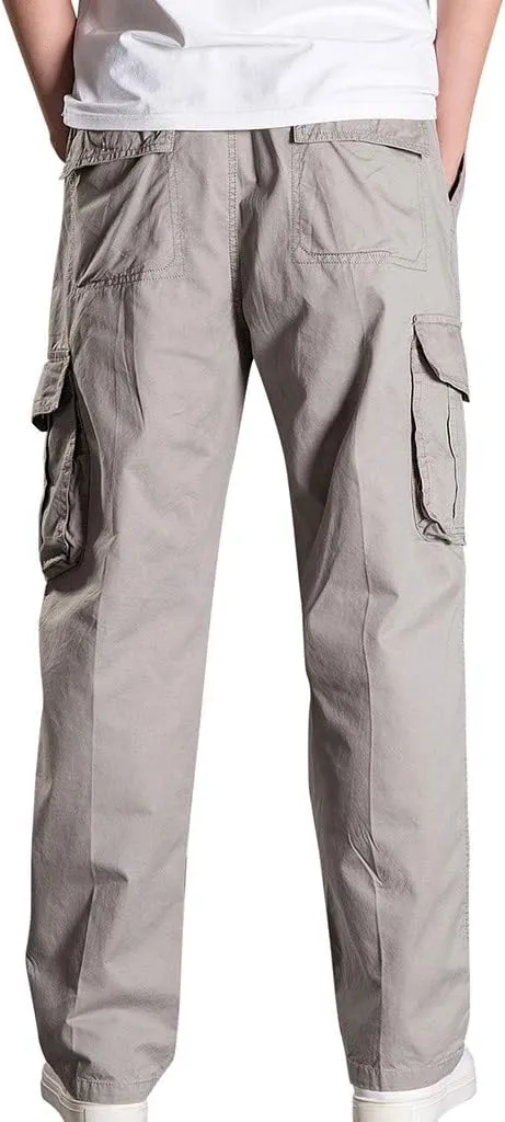 Mens Jogger Sweatpants Solid Elastic Waist Cargo Work Pants Wide Leg Breathable Outdoor Trousers with Pockets