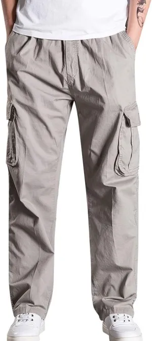 Mens Jogger Sweatpants Solid Elastic Waist Cargo Work Pants Wide Leg Breathable Outdoor Trousers with Pockets