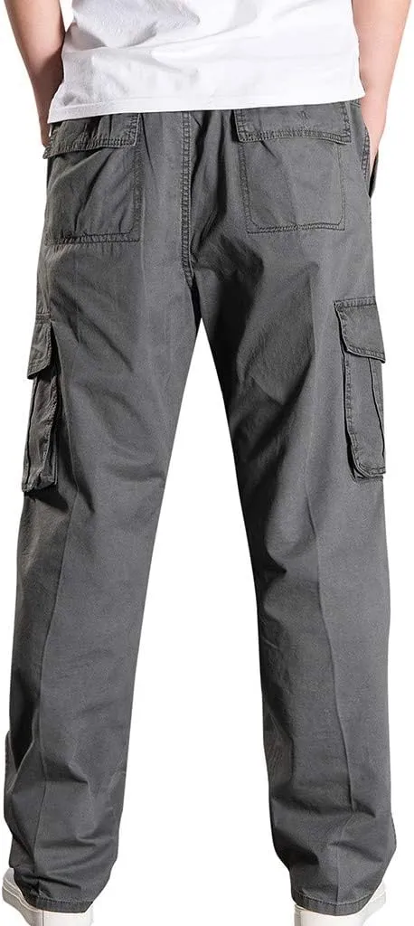 Mens Jogger Sweatpants Solid Elastic Waist Cargo Work Pants Wide Leg Breathable Outdoor Trousers with Pockets