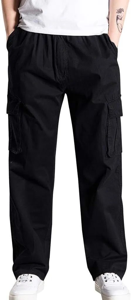 Mens Jogger Sweatpants Solid Elastic Waist Cargo Work Pants Wide Leg Breathable Outdoor Trousers with Pockets