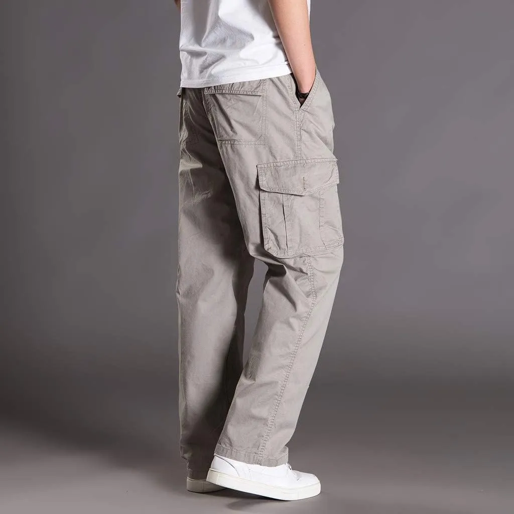 Mens Jogger Sweatpants Solid Elastic Waist Cargo Work Pants Wide Leg Breathable Outdoor Trousers with Pockets