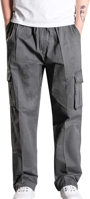 Mens Jogger Sweatpants Solid Elastic Waist Cargo Work Pants Wide Leg Breathable Outdoor Trousers with Pockets
