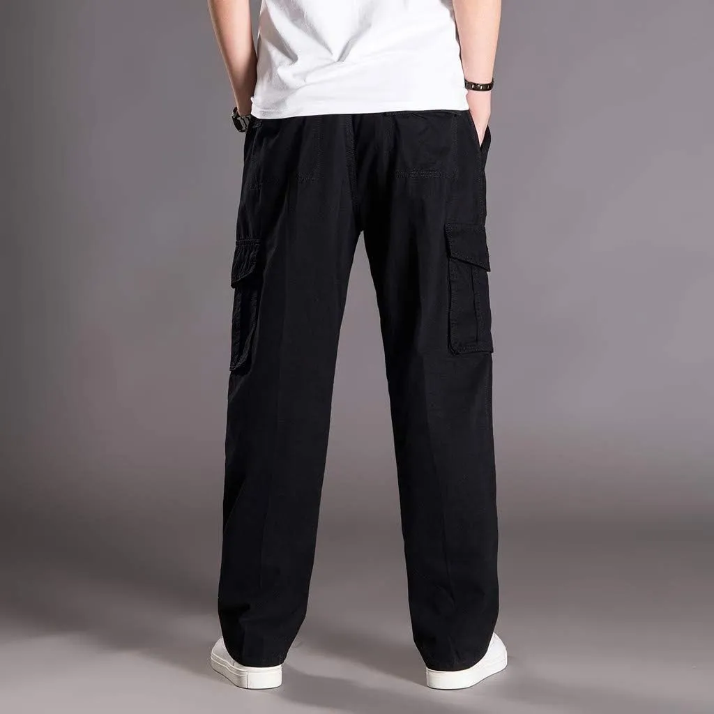 Mens Jogger Sweatpants Solid Elastic Waist Cargo Work Pants Wide Leg Breathable Outdoor Trousers with Pockets