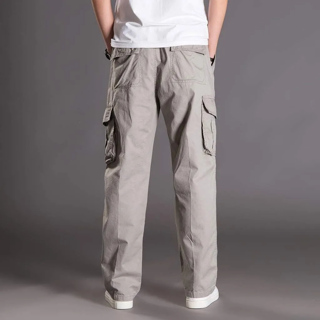 Mens Jogger Sweatpants Solid Elastic Waist Cargo Work Pants Wide Leg Breathable Outdoor Trousers with Pockets