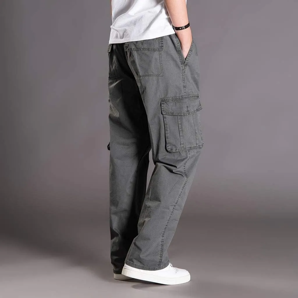 Mens Jogger Sweatpants Solid Elastic Waist Cargo Work Pants Wide Leg Breathable Outdoor Trousers with Pockets