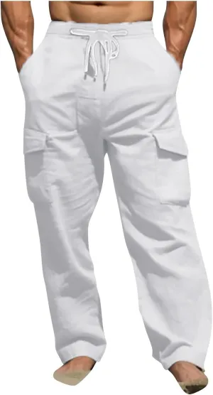 Men's Lightweight Linen Cargo Pants Breathable Multi Pockets Elastic Waist Drawstring Baggy Style Beach Trousers