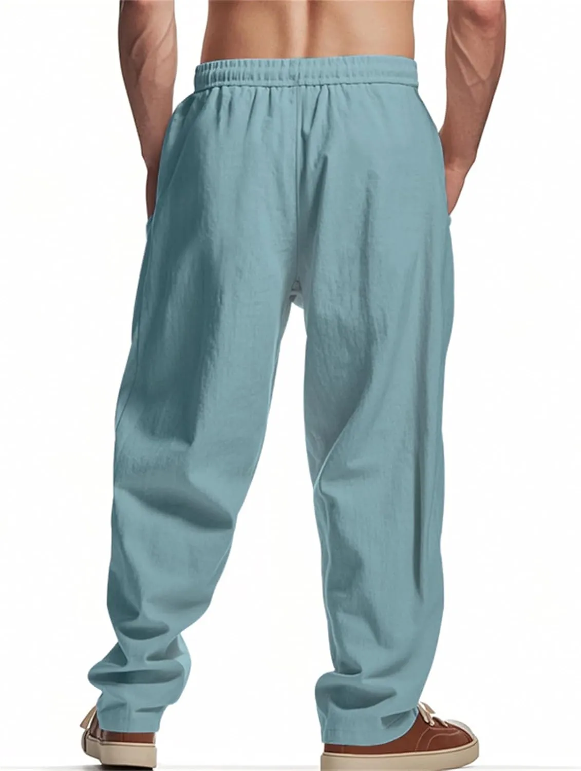 Mens Linen Cargo Pants Oversized Drawstring Casual Elastic Waist Sweatpants Breathable Wicking Outdoor Solid Trousers