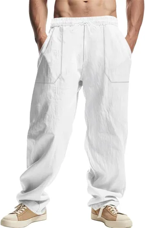 Mens Linen Cargo Pants Oversized Drawstring Casual Elastic Waist Sweatpants Breathable Wicking Outdoor Solid Trousers