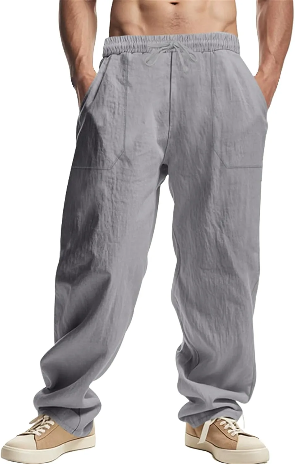 Mens Linen Cargo Pants Oversized Drawstring Casual Elastic Waist Sweatpants Breathable Wicking Outdoor Solid Trousers