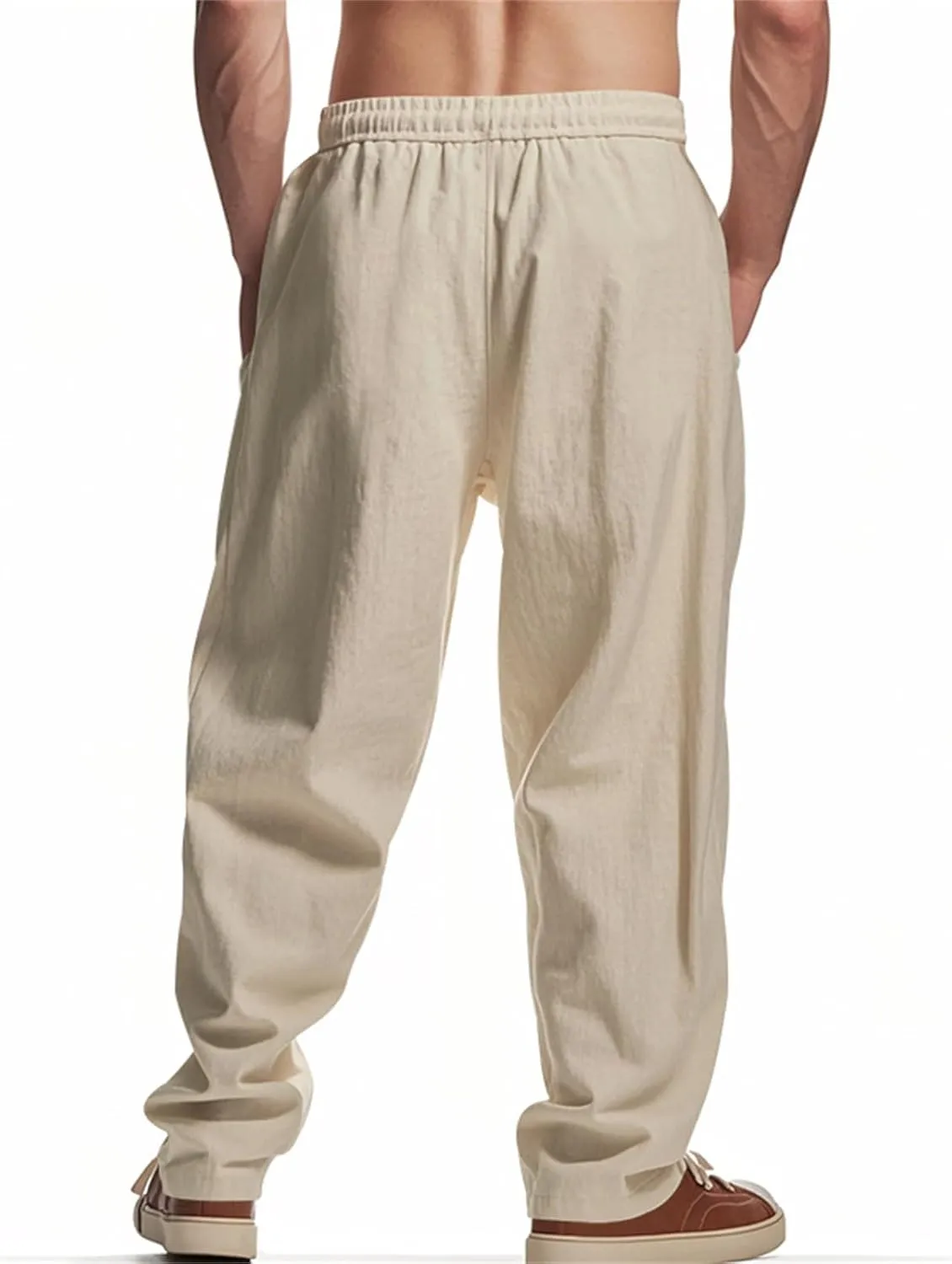 Mens Linen Cargo Pants Oversized Drawstring Casual Elastic Waist Sweatpants Breathable Wicking Outdoor Solid Trousers