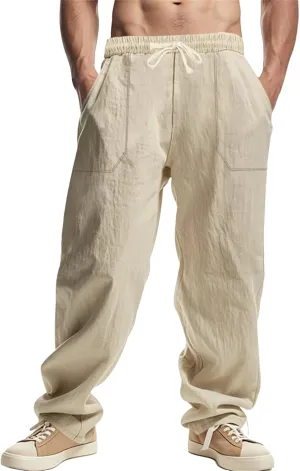 Mens Linen Cargo Pants Oversized Drawstring Casual Elastic Waist Sweatpants Breathable Wicking Outdoor Solid Trousers