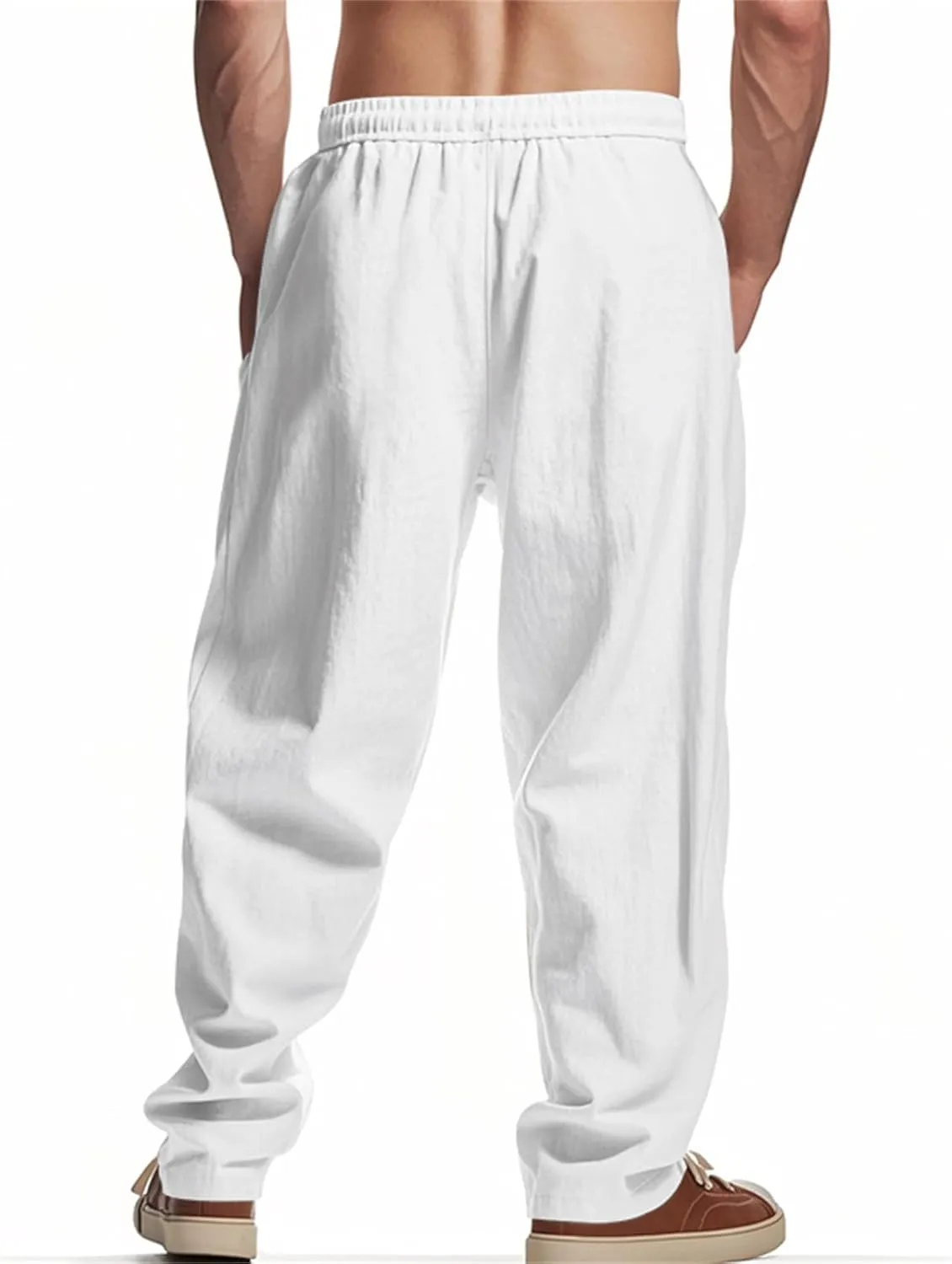 Mens Linen Cargo Pants Oversized Drawstring Casual Elastic Waist Sweatpants Breathable Wicking Outdoor Solid Trousers