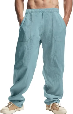 Mens Linen Cargo Pants Oversized Drawstring Casual Elastic Waist Sweatpants Breathable Wicking Outdoor Solid Trousers