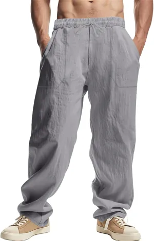 Mens Linen Cargo Pants Oversized Drawstring Casual Elastic Waist Sweatpants Breathable Wicking Outdoor Solid Trousers