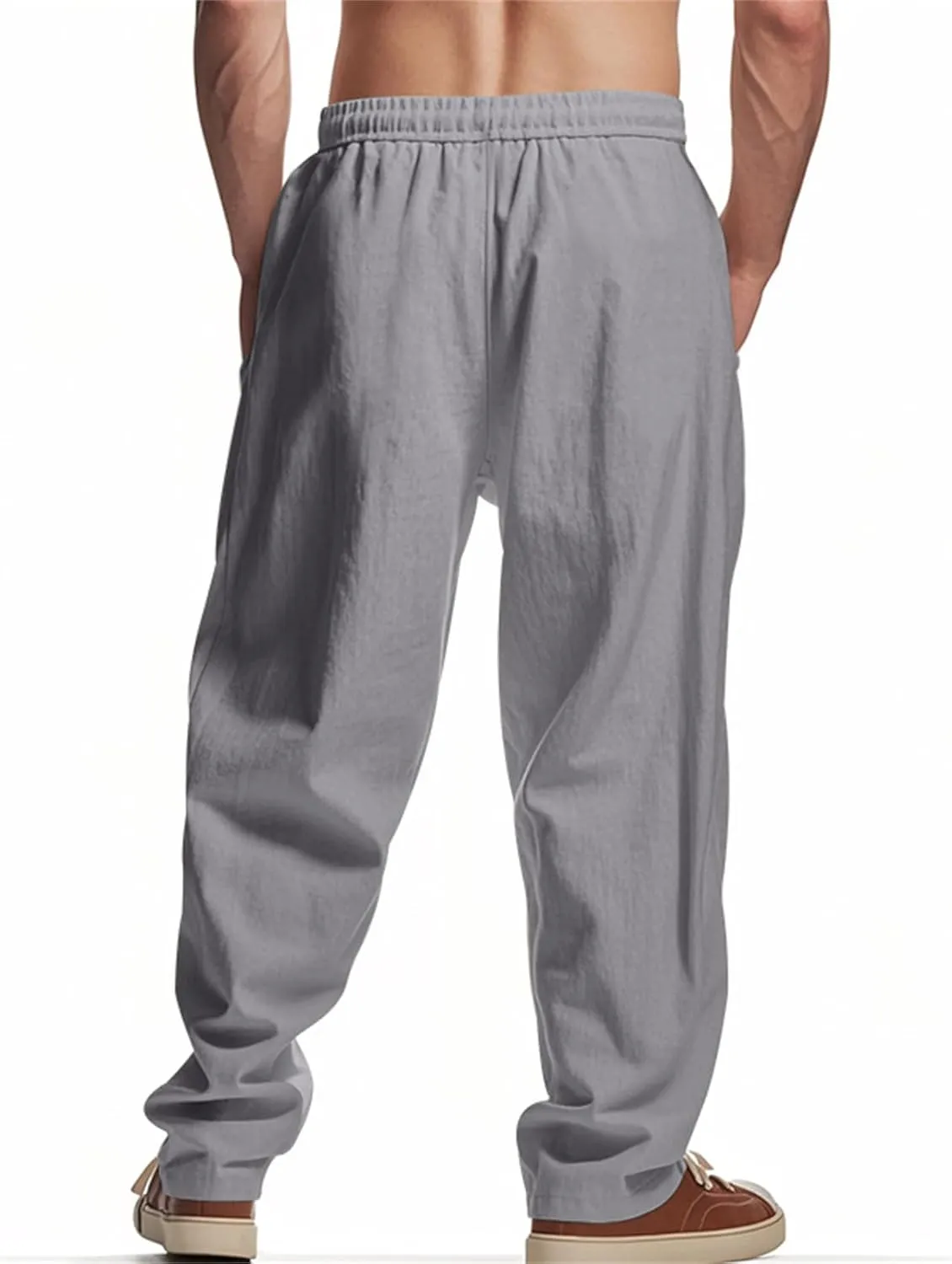 Mens Linen Cargo Pants Oversized Drawstring Casual Elastic Waist Sweatpants Breathable Wicking Outdoor Solid Trousers
