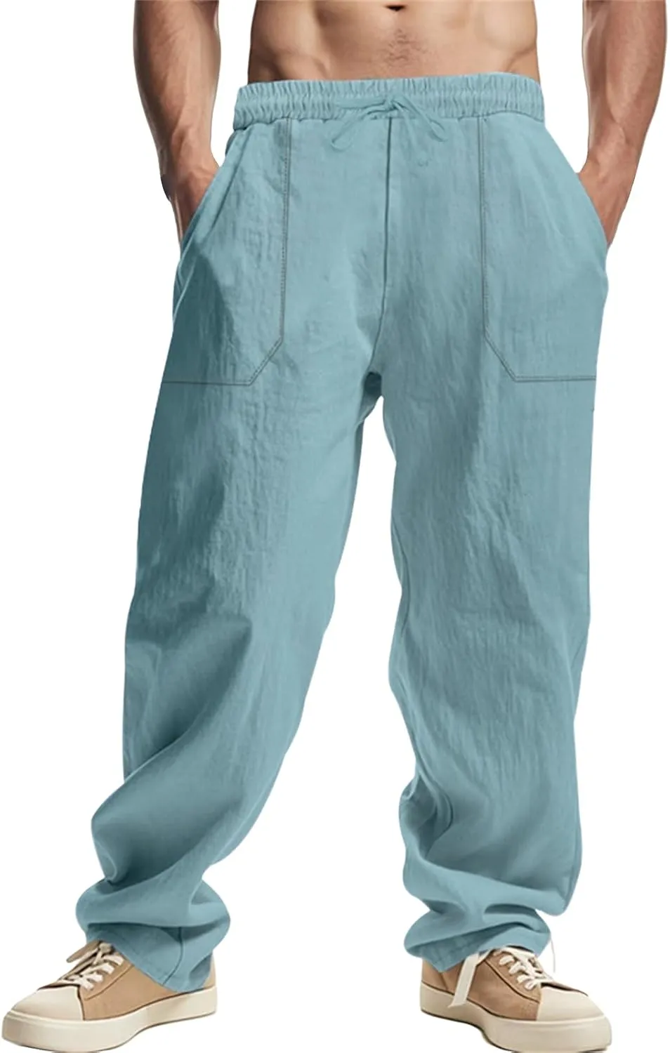 Mens Linen Cargo Pants Oversized Drawstring Casual Elastic Waist Sweatpants Breathable Wicking Outdoor Solid Trousers