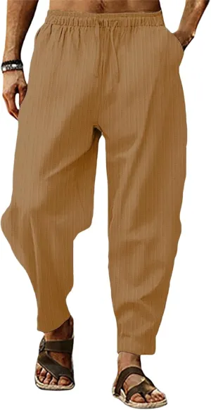 Mens Linen Lightweight Pants Elastic Waist Drawstring Striped Trousers Casual Loose Fashion Harem Breathable Pant