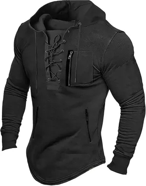 Mens Long Sleeve Tactical Hoodies Sweatshirts Outdoor Military Distressed Retro Lace Up Gym Athletic Hooded Pullover