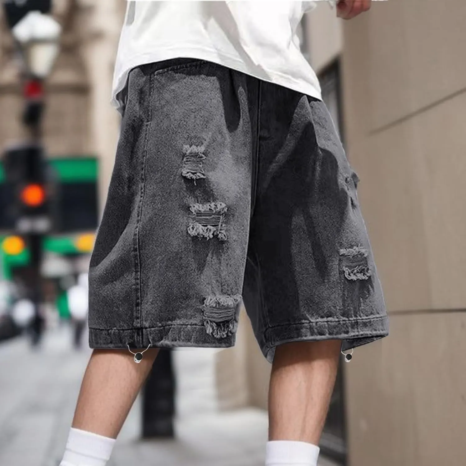 Men's Loose Hip Hop Long Jean Shorts Work Denim Shorts with Pockets Casual Summer Trendy Outfits