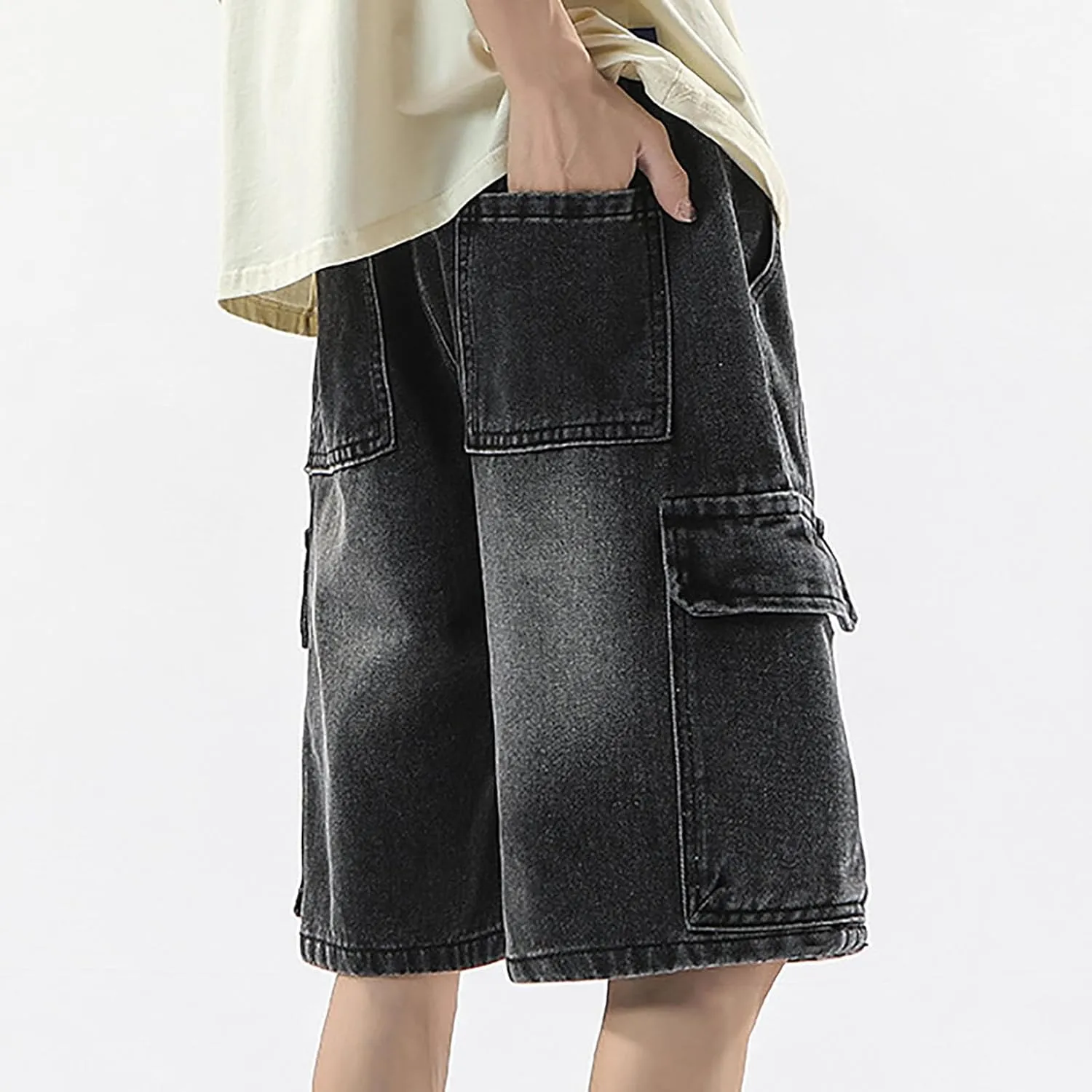 Men's Loose Hip Hop Long Jean Shorts Work Denim Shorts with Pockets Casual Summer Trendy Outfits
