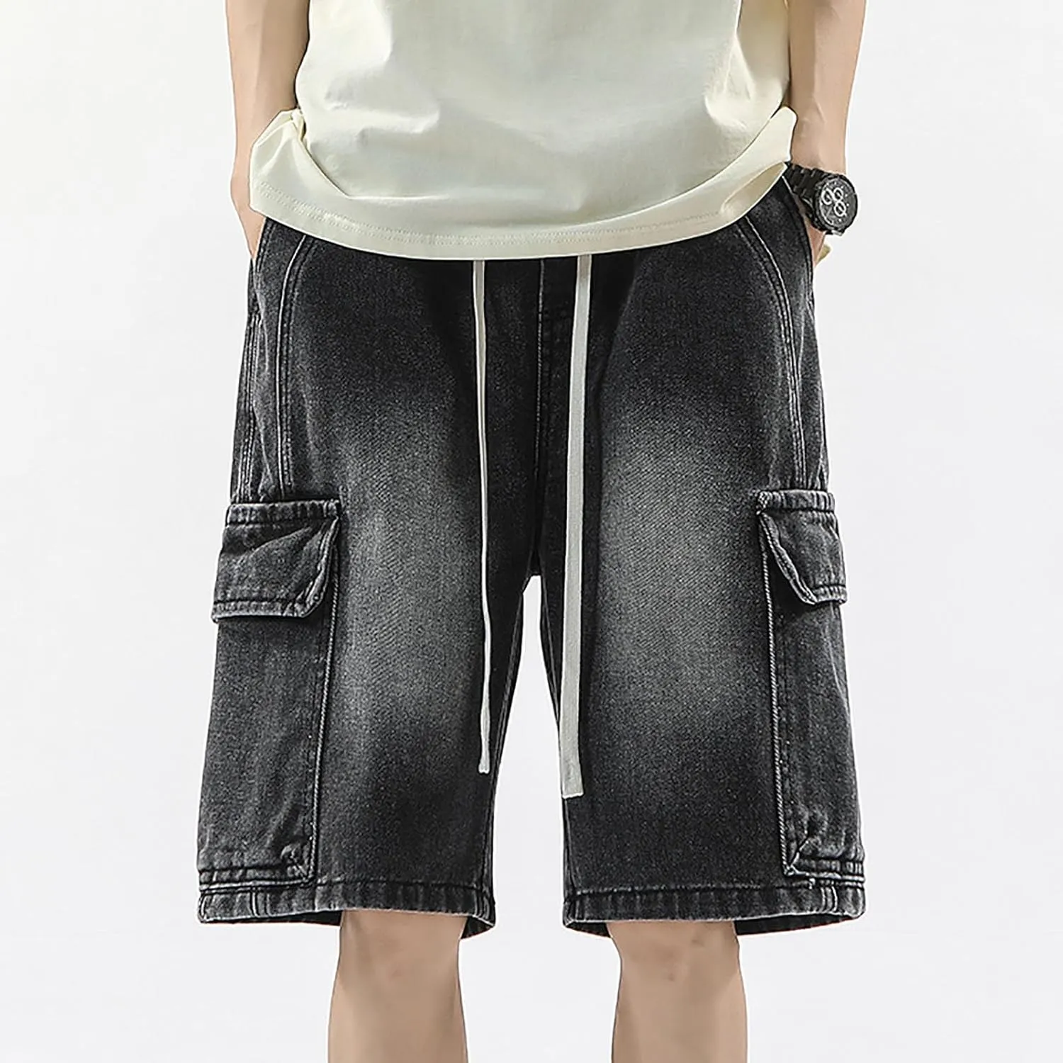 Men's Loose Hip Hop Long Jean Shorts Work Denim Shorts with Pockets Casual Summer Trendy Outfits