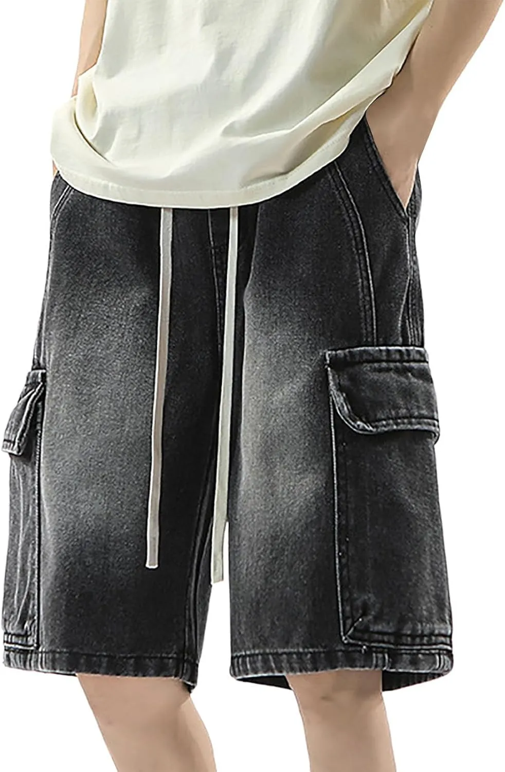 Men's Loose Hip Hop Long Jean Shorts Work Denim Shorts with Pockets Casual Summer Trendy Outfits
