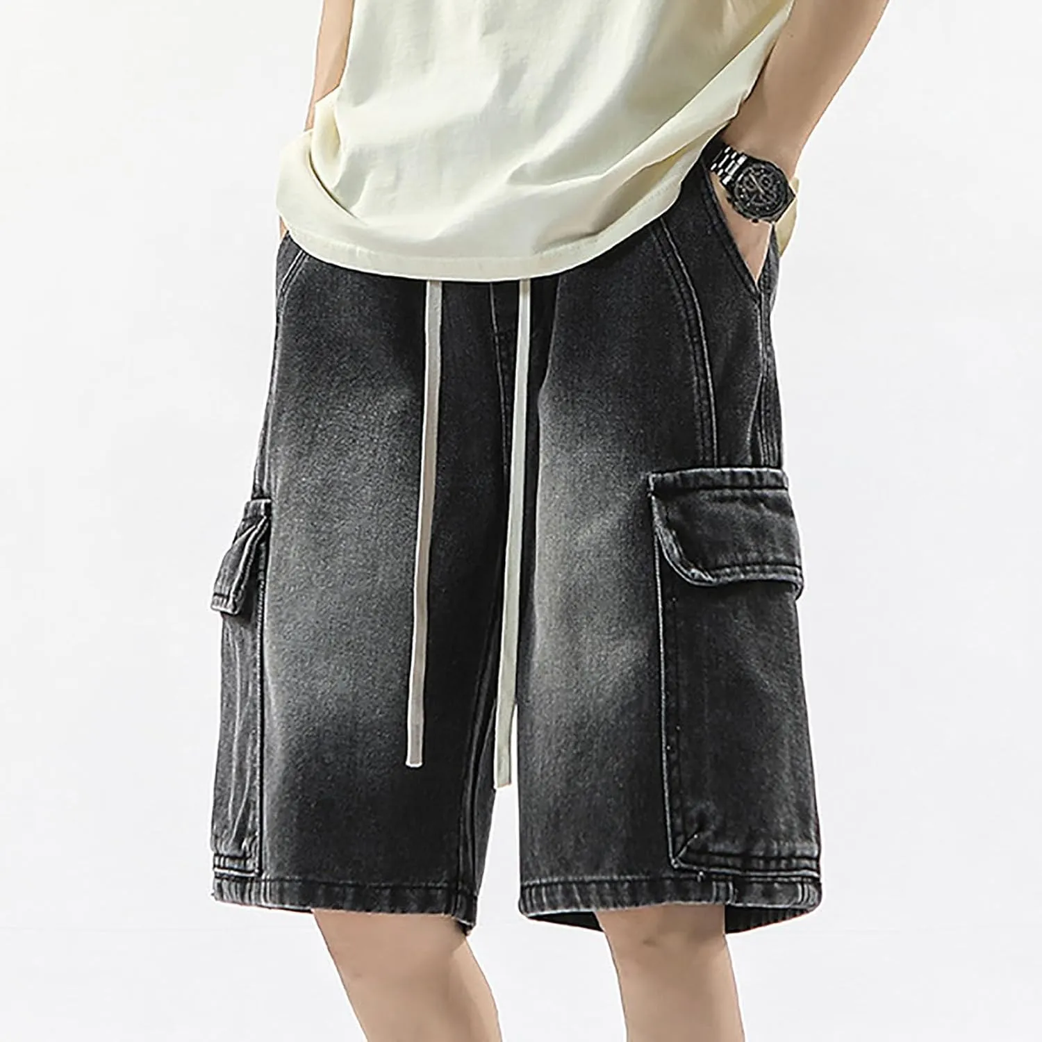 Men's Loose Hip Hop Long Jean Shorts Work Denim Shorts with Pockets Casual Summer Trendy Outfits