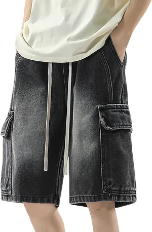 Men's Loose Hip Hop Long Jean Shorts Work Denim Shorts with Pockets Casual Summer Trendy Outfits