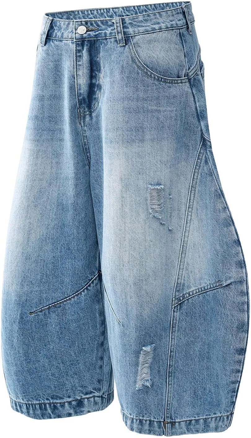 Men's Loose Y2K Hip Hop Mid Jean Shorts Baggy Denim Shorts with Pockets Skateboard Streetwear Clothes