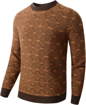 Men's Retro Argyle Sweater Long Sleeve Slim Fit Crewneck Pullover Sweater