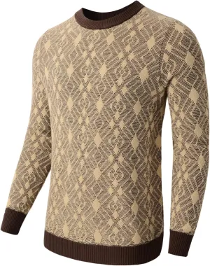 Men's Retro Argyle Sweater Long Sleeve Slim Fit Crewneck Pullover Sweater