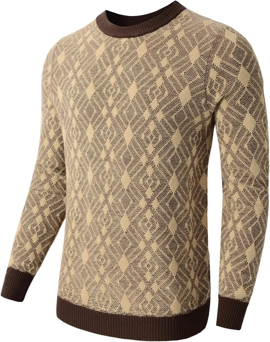 Men's Retro Argyle Sweater Long Sleeve Slim Fit Crewneck Pullover Sweater