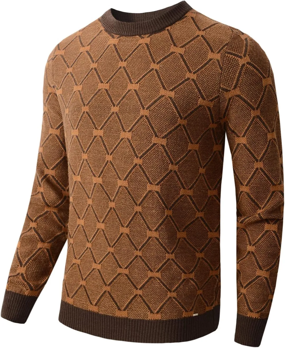 Men's Retro Argyle Sweater Long Sleeve Slim Fit Crewneck Pullover Sweater