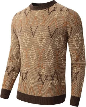 Men's Retro Argyle Sweater Long Sleeve Slim Fit Crewneck Pullover Sweater