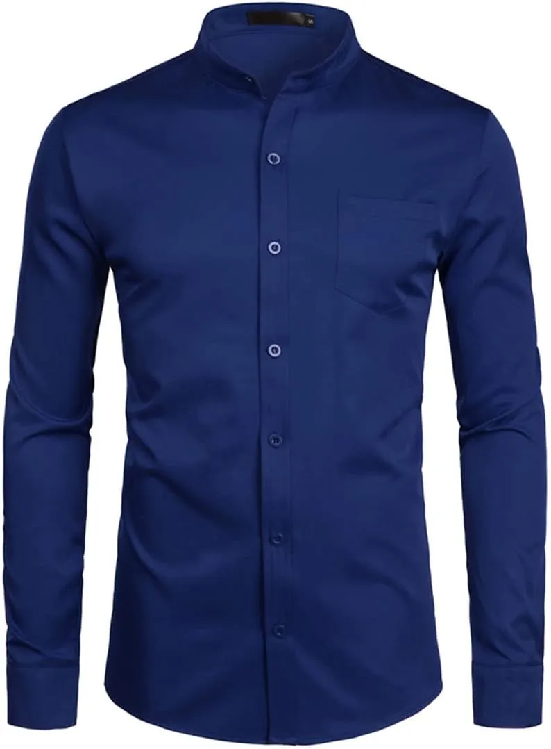 Men's Royal Blue Dress Shirts Male Long Sleeve Business Casual Button Down Shirt with Pocket