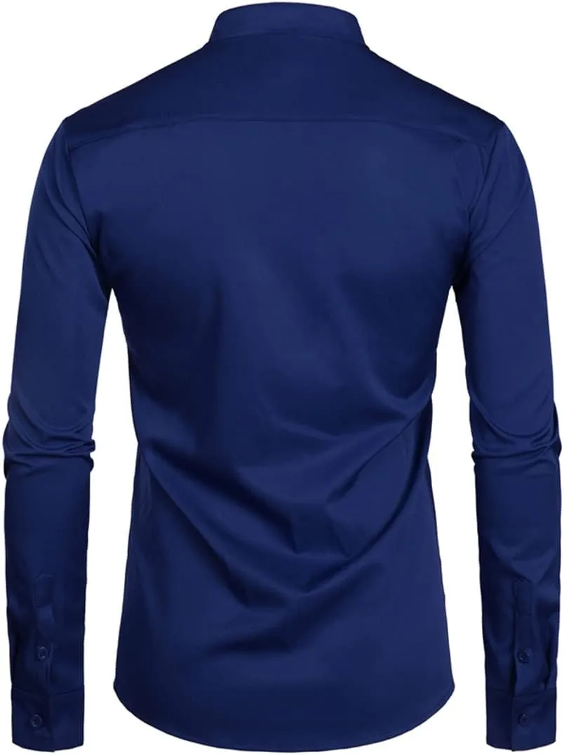 Men's Royal Blue Dress Shirts Male Long Sleeve Business Casual Button Down Shirt with Pocket