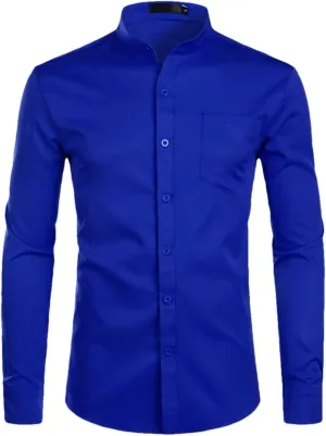 Men's Royal Blue Dress Shirts Male Long Sleeve Business Casual Button Down Shirt with Pocket