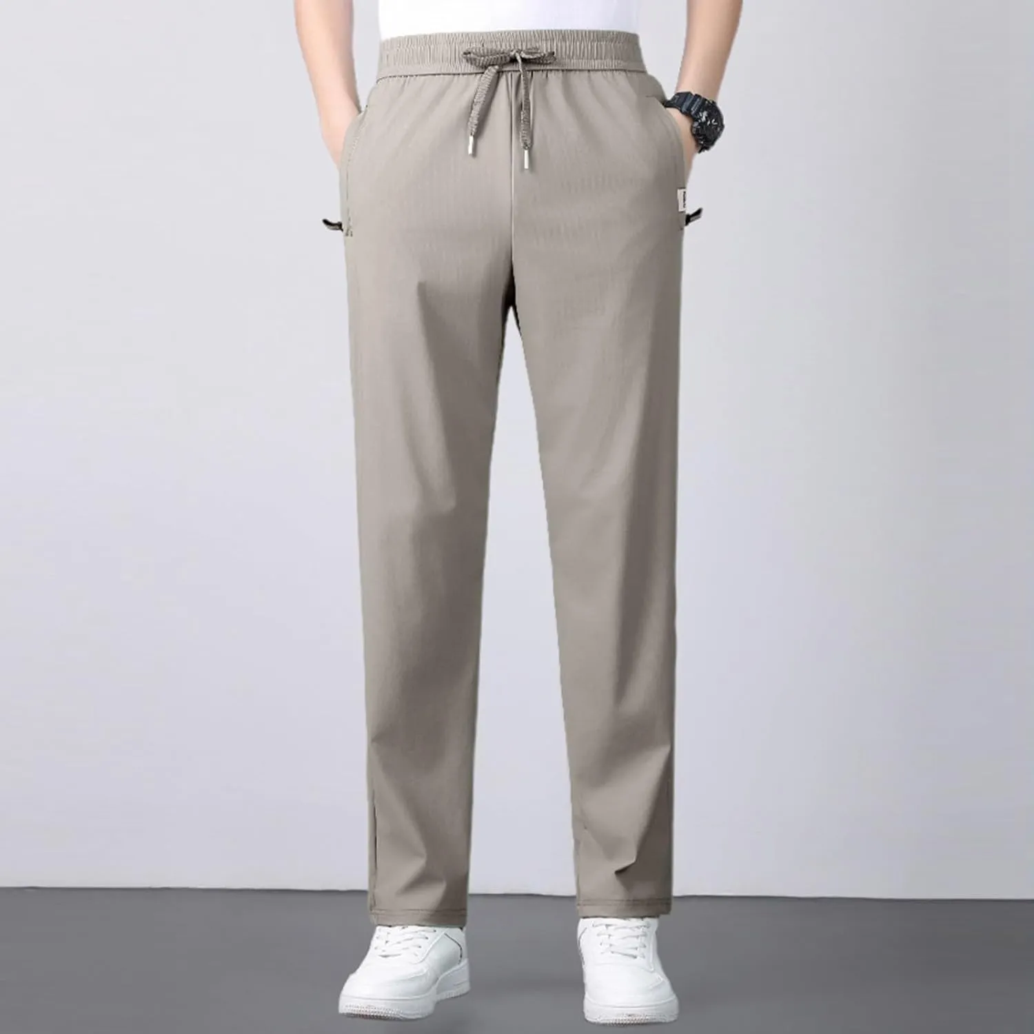 Men's Straight Leg Ice Silk Pants Elastic High Waist Breathable Active Pants Quick Drying Loose-Fit Sports Trousers