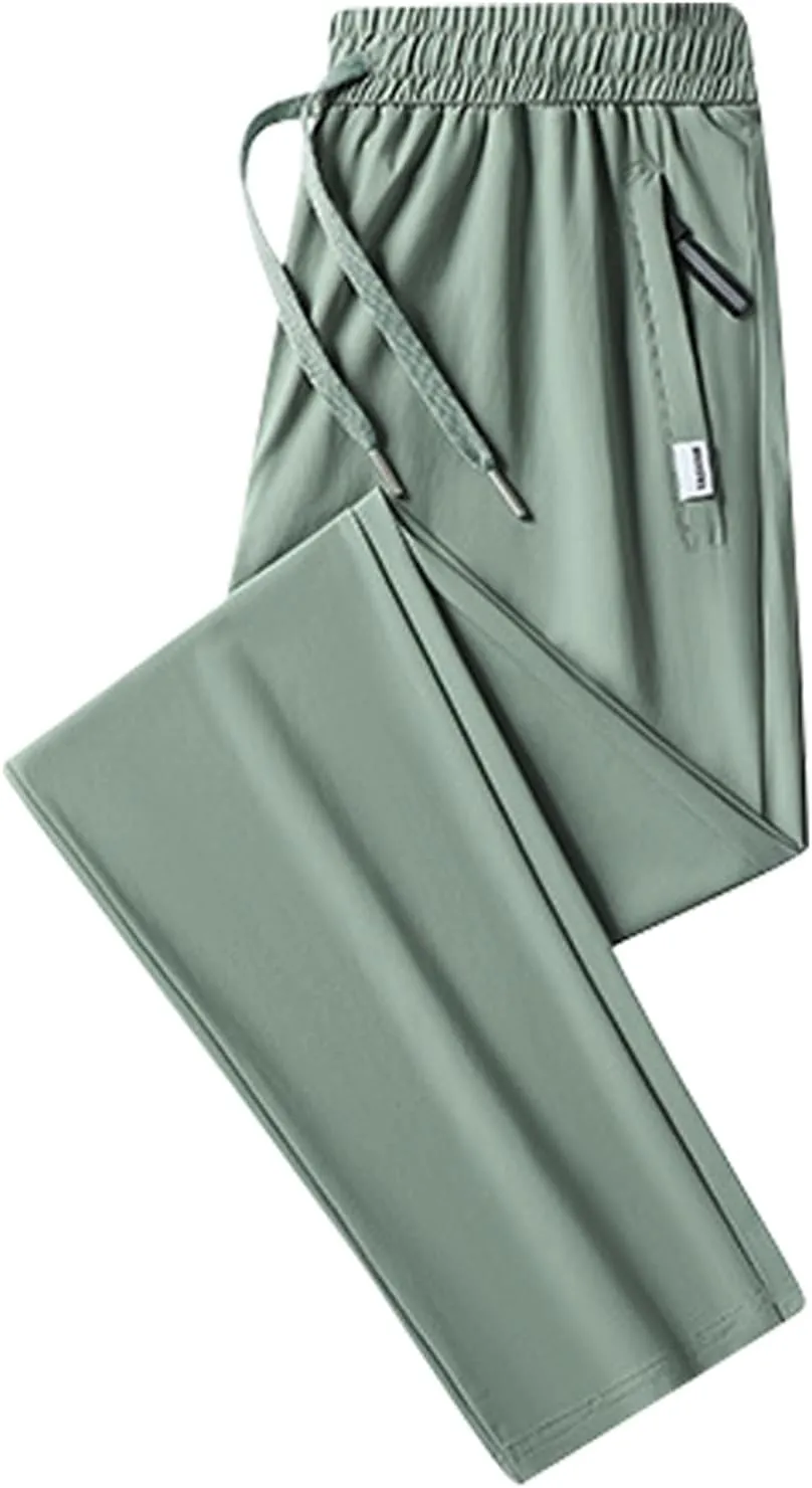 Men's Straight Leg Ice Silk Pants Elastic High Waist Breathable Active Pants Quick Drying Loose-Fit Sports Trousers