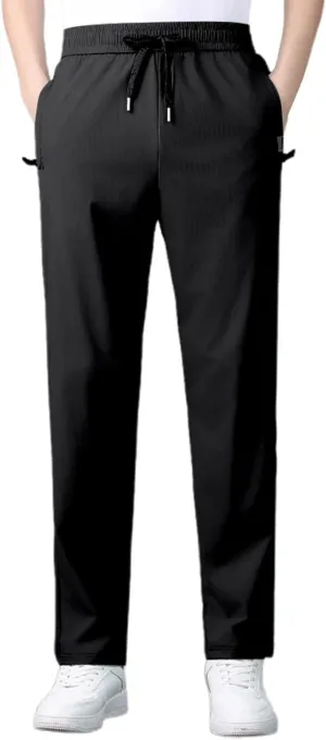 Men's Straight Leg Ice Silk Pants Elastic High Waist Breathable Active Pants Quick Drying Loose-Fit Sports Trousers