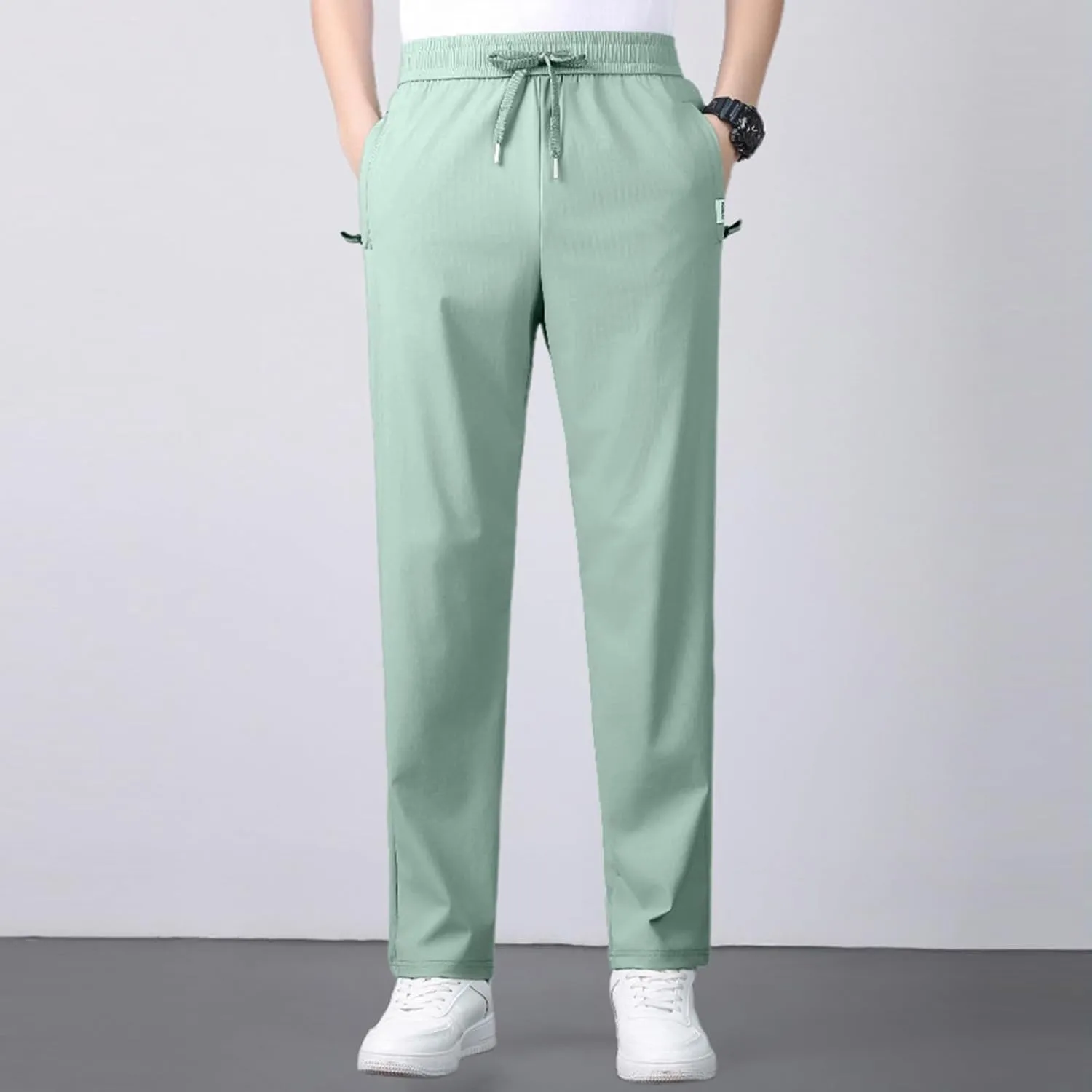 Men's Straight Leg Ice Silk Pants Elastic High Waist Breathable Active Pants Quick Drying Loose-Fit Sports Trousers