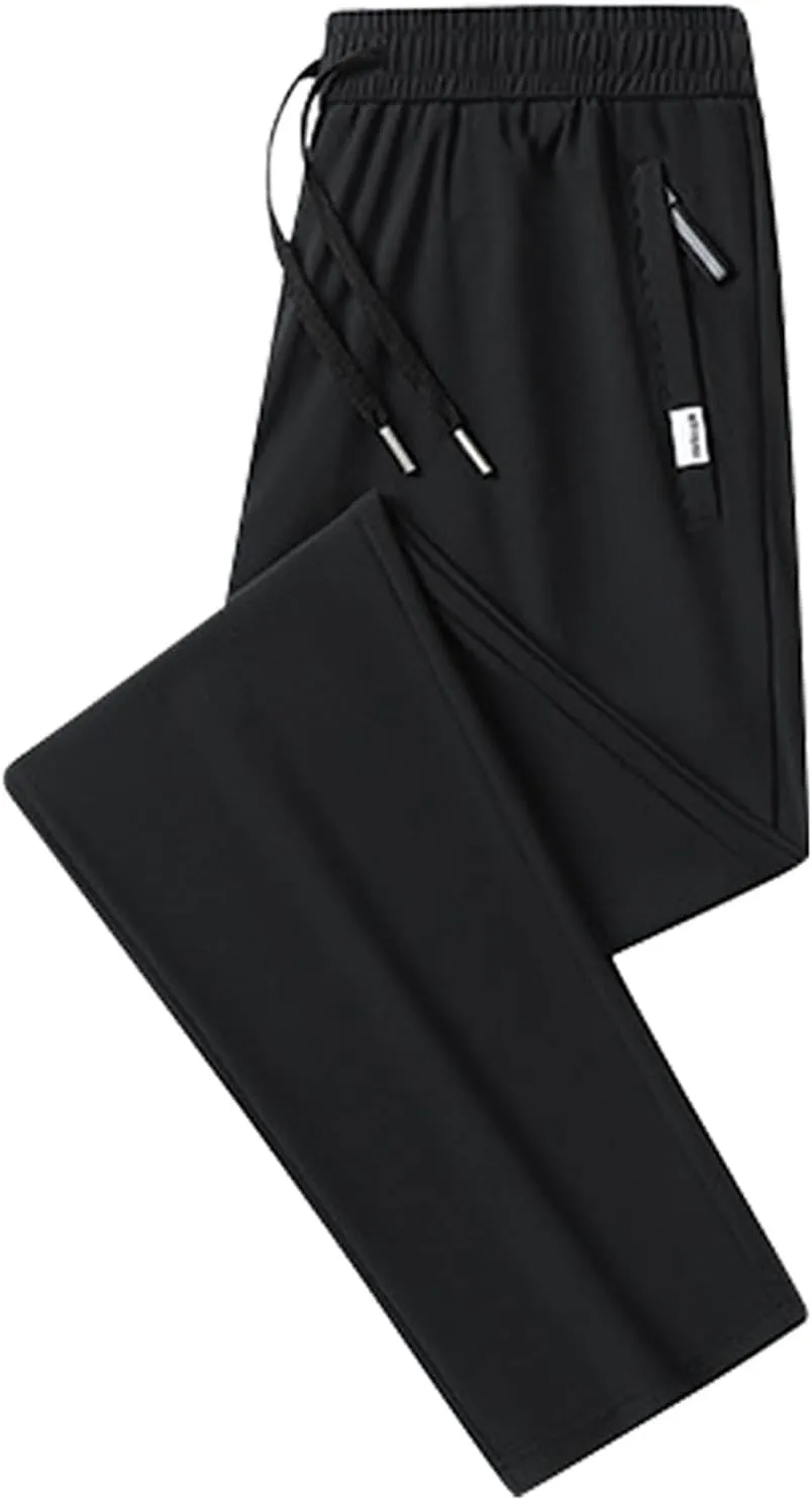 Men's Straight Leg Ice Silk Pants Elastic High Waist Breathable Active Pants Quick Drying Loose-Fit Sports Trousers