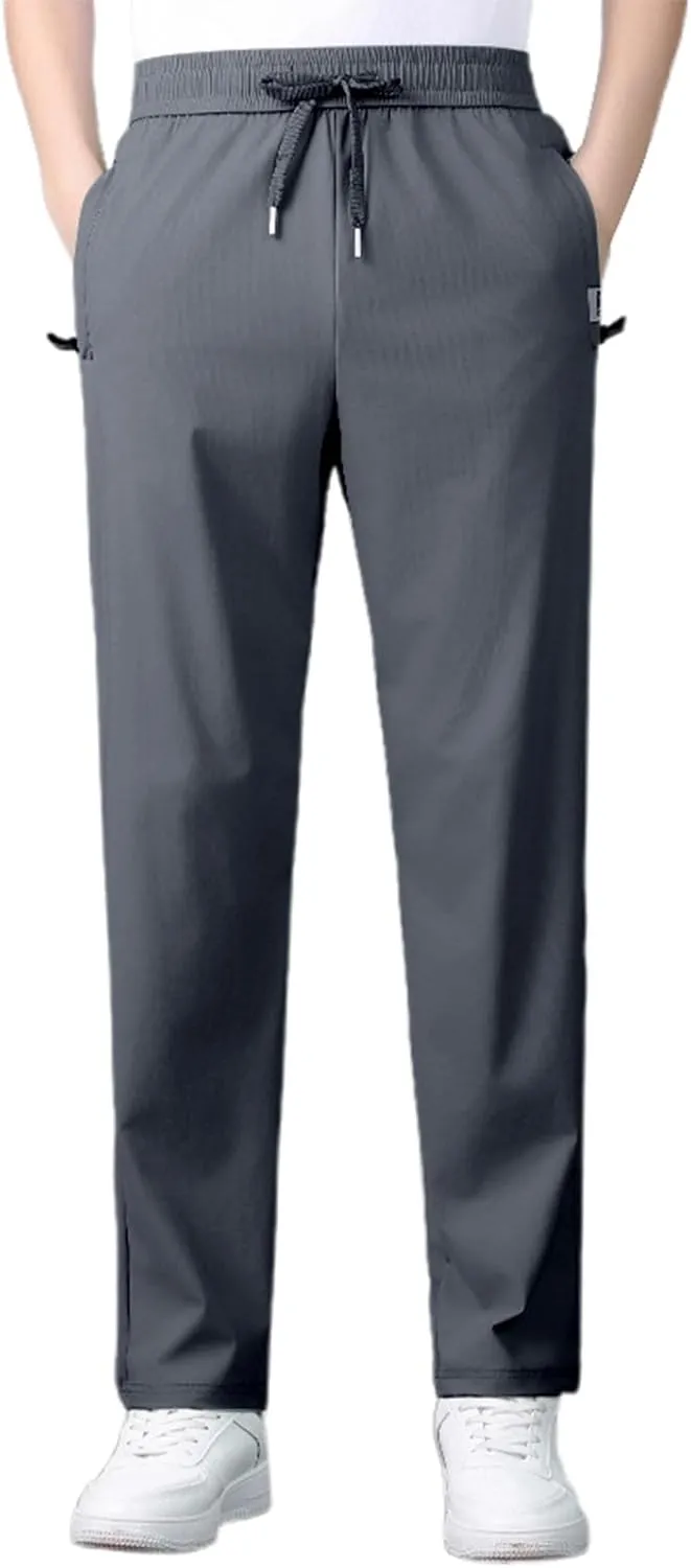 Men's Straight Leg Ice Silk Pants Elastic High Waist Breathable Active Pants Quick Drying Loose-Fit Sports Trousers